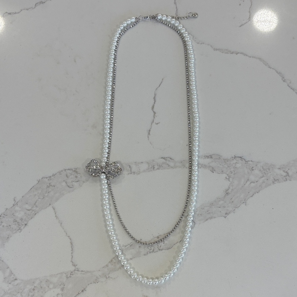 Motivi White Pearl & Silver Crystal Rhinestone Bow Long Layered Necklace